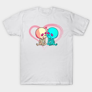 Two romantic skeletons kiss with pink heart in background T-Shirt